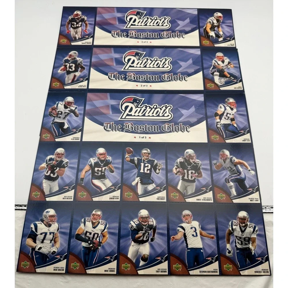 2007 Upper Deck New England Patriots Boston Globe Complete 3 Sheet Set Tom Brady